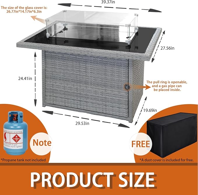 44 Inch Propane Fire Pit Table, 50000 BTU Gas Fire Pit with Glass Wind Guard & Lid, Outdoor Wicker Fire Table for Patio, Garden, Backyard (Grey)