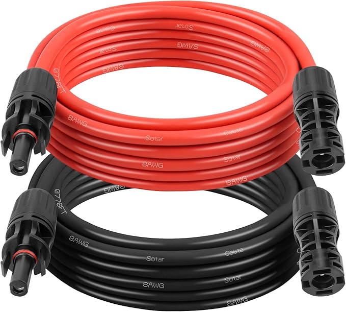 Solar Extension Cable 8AWG 10FT 2-Pack (Red + Black), PV Wire with Male/Female Solar Connectors, Weatherproof Solar Panel Wire for RV, Boat, Inverter, Off-Grid Systems