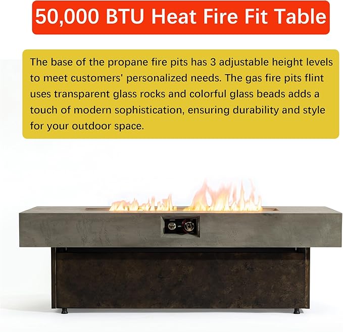 55"×23" Tabletop Propane Fire Pits,50000BTU Outdoor Firepit Table Suitable for Outdoor, Patio, Balcony,Three Height Adjust
