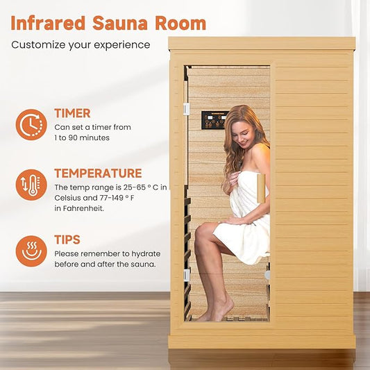 Far Infrared Sauna Home Sauna Spa Room Canadian Hemlock Wood 1200W Indoor Saunas Low EMF 110V with Control Panel and Tempered Glass Door, Room: 35.2 * 27.6 * 61.6Inch