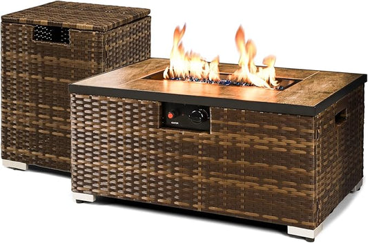 Outdoor Propane Fire Pit Table w/Tank Holder, 2 Piece Handmade Rattan Wicker Firepit Ceramic Tabletop with Steel Lid 40,000 BTU Rectangle Fire Table Set for Patio, Deck, Backyard (Brown)