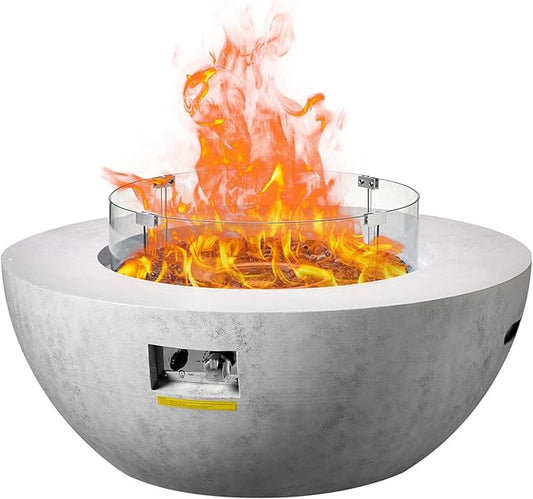 VEVOR Propane Fire Pit, Outdoor Concrete Gas Fire Pit, 39 in Tabletop with Lava Rocks, Lid,Rain Cover,Adjust Flame Height Camping Firepit for Heating, Lighting, 50000 BTU