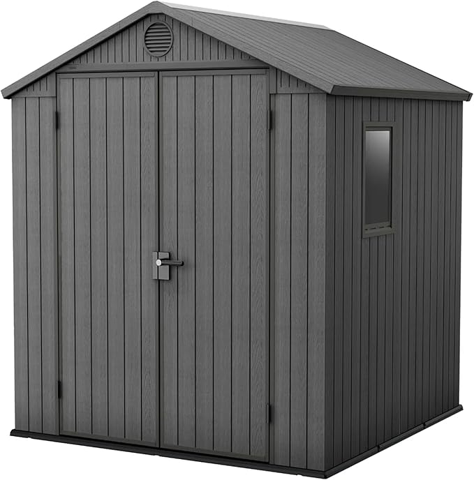 Keter Darwin 6 x 6 Foot Spacious Heavy Duty Outdoor Storage Shed for Organizing Garden Accessories and Tools with Double Doors and High Ceiling, Gray