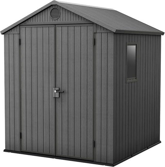 Keter Darwin 6 x 6 Foot Spacious Heavy Duty Outdoor Storage Shed for Organizing Garden Accessories and Tools with Double Doors and High Ceiling, Gray