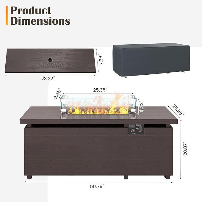 Sundale 51 Inch Outdoor Fire Pit Table, 50,000BTU Rectangle Propane Fire Pit with Sliding Tank Holder, Glass Wind Guard, Removable Lid, CSA Certified, Brown