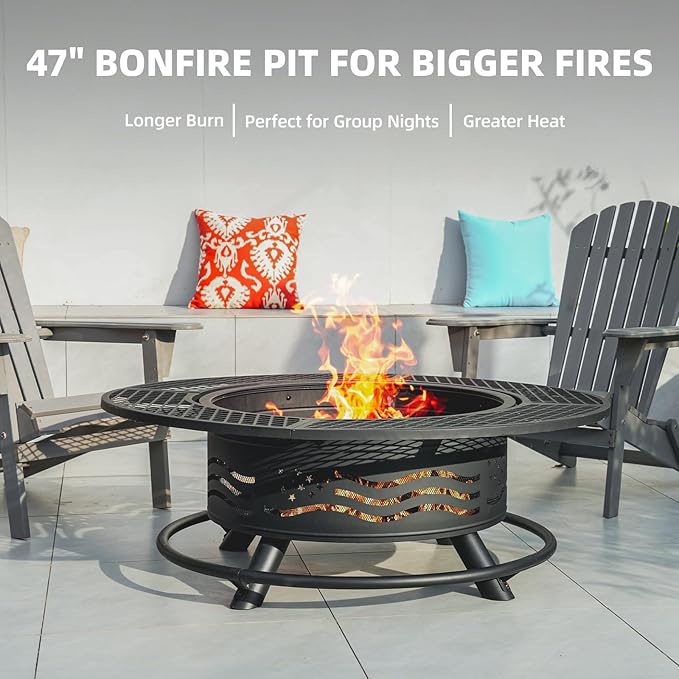47 Inch Fire Pit with 2 Cooking Grates, Outdoor Wood Burning BBQ Grill Firepit Bowl with Cover Lid, Steel Round Table for Backyard Bonfire Patio Picnic (Black, 47IN)