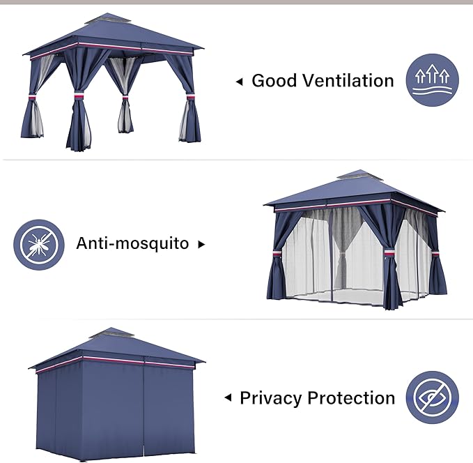 LAUSAINT HOME Gazebo 10x10ft, Heavy Duty Patio Gazebo with Expansion Bolts, Party Canopy Tent with Double Roofs, Mosquito Nettings and Privacy Screens for Backyard, Garden, Lawn, Classic Blue