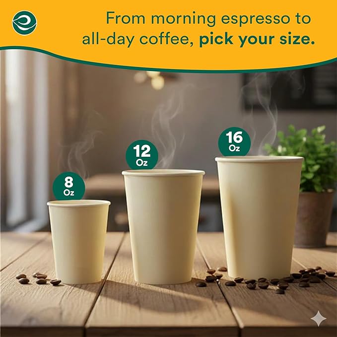 ECO SOUL 100% Compostable Plant-Based Hot Cups | 8oz | Disposable Bagasse Paper Cups | Eco-friendly Cups | Sturdy, Microwave & Oven Safe (200, 8oz)