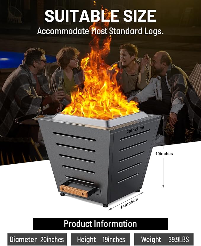 20 Inch Smokeless Fire Pit Stainless Steel Wood Burning Fireplace Portable Outdoor Fire Pit Patio Smokeless Firepit with Pull-Out Ash Tray and Handles, Black