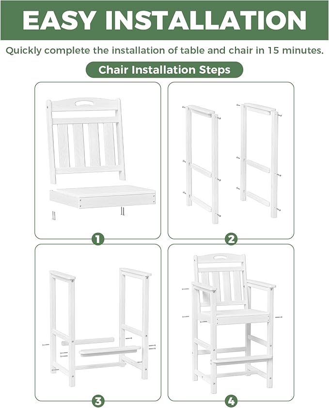 HDPE Outdoor Patio Tall Adirondack Bar Chairs Set of 2, All-Weather Bar Height Balcony Adirondack Stools for Bistro, Garden, Backyard, Pool, Deck | White