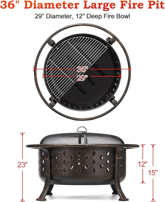 SINGLYFIRE 36 Inch Fire Pits for Outside Large Outdoor Wood Burning Crossweave firepit Heavy Duty Steel Bronze Bonfire Pit for Patio Backyard Garden with BBQ Grate,Spark Screen,Log Grate,Poker