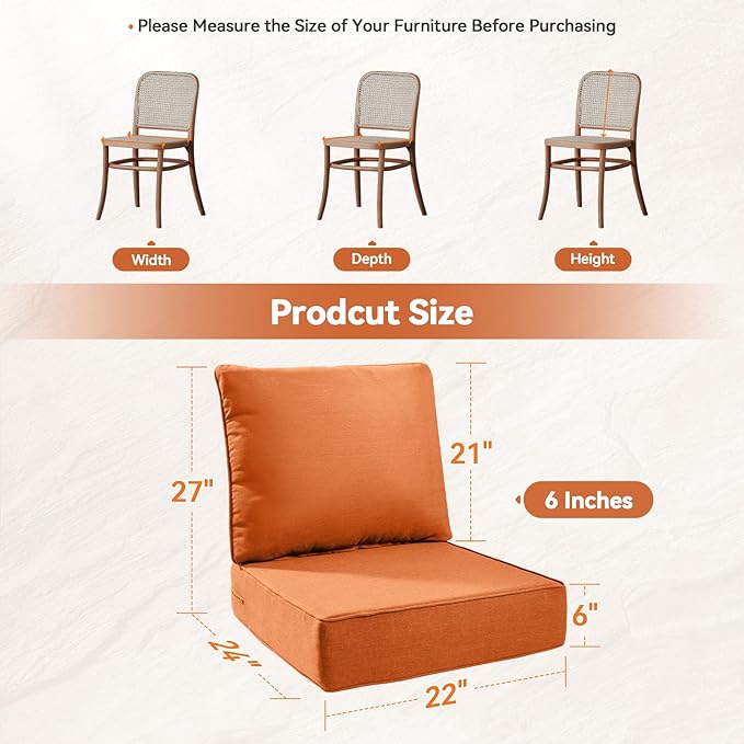 6" Thick Outdoor Cushions 22x24x6, 8-Set Deep Seat Patio Cushions with Removable Cover, Waterproof & Fade Resistant Replacement for Wicker Chair, Loveseat, Sofa - Orange