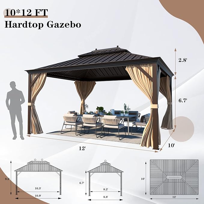 EROMMY 10' X 12' Permanent Hardtop Gazebo Aluminum Gazebos with Galvanized Steel Double Roof for Patio Lawn and Garden, Curtains and Netting Included, Dark Bronze
