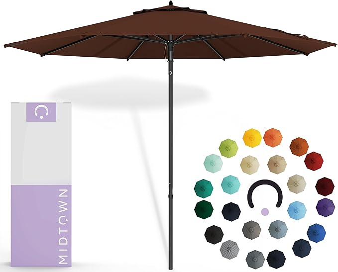 Midtown Umbrellas Push Pop Sunbrella Umbrella 10 Feet Large Outdoor Umbrella With Bay Brown Acrylic Fabric - Deck Patio Umbrella, Backyard Umbrella, Garden Umbrella & Pool Umbrella - Black Pole