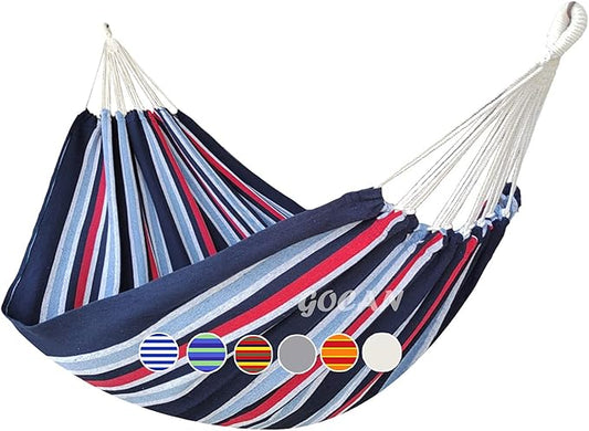 GOCAN Brazilian Double Hammock 2 Person Extra Large 220x160cm Total Length 330cm Load 500lb Canvas Cotton Hammock for Patio Porch Garden Backyard Lounging Outdoor and Indoor(Dark Blue)