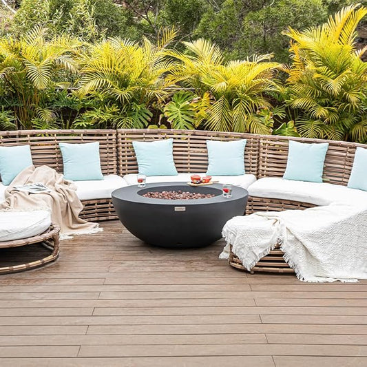 Elementi Lunar Bowl Dark Grey Fire Pit Bundle Includes 42” Propane Concrete Firepit, Glass Windscreen, Stainless Steel Cover, Tank & Canvas Cover, Floor Mat and Beverage Tub