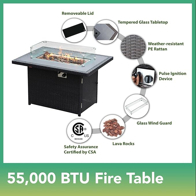 Fully Assembled Sectional 11 Piece Sunbrella Navy Outdoor Patio Furniture Black Wicker Conversation Set with 42-inch Propane Gas Fire Table