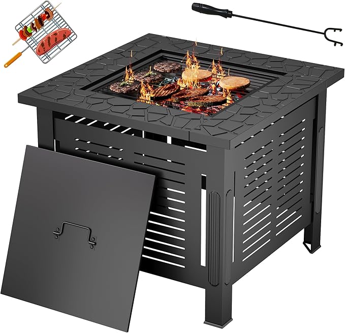 U-MAX Fire Pit Table, 30 Inch Wood Burning BBQ Grill Firepits, Metal Fireplaces with Waterproof Cover, 3 in 1 Fire Pits for Outside Party Barbecue Camping Picnic on Deck Backyard Garden, Black