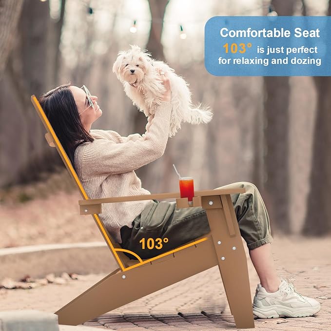 MXIMU Modern Adirondack Chairs Set of 8 Weather Resistant with Cup Holder Oversize Plastic Fire Pit Chairs Plastic Outdoor Chairs for Firepit Area Seating (Teak)