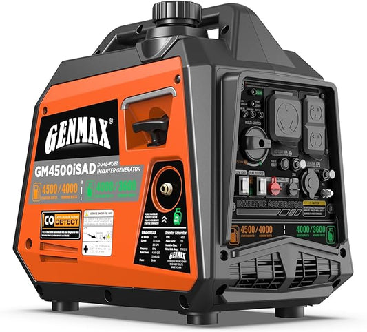 GENMAX Portable Generator, 4500W Super Quiet Gas or Propane Powered Engine with Parallel Capability, Manual start, Ideal for Camping Travel Outdoor.EPA Compliant (GM4500iSAD)