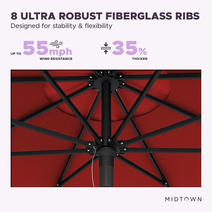 Midtown Umbrellas Push Pop Sunbrella Umbrella 10 Feet Large Outdoor Umbrella With Red Acrylic Fabric - Deck Patio Umbrella, Backyard Umbrella, Garden Umbrella & Pool Umbrella - Black Pole