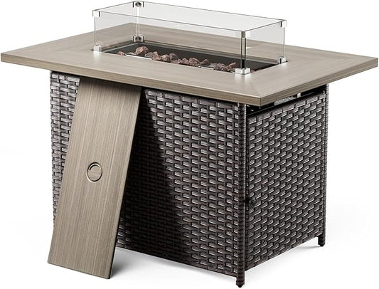 Belord 50000 BTU Propane Fire Pit Table with Lid and Lava Rock, 41 inch Rectangular Outdoor Firepit Wicker Furniture, Fireplace Table Perfect for Relaxed Outside Patio Backyard Ambiance, Brown