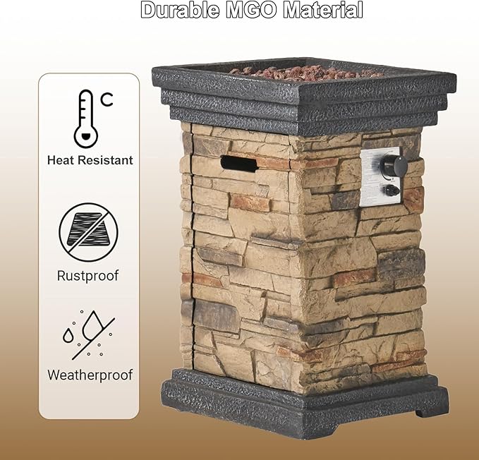 Outdoor Propane Fire Pit Table, 19.5 Inch Column MGO Concrete Gas Fire Pit with Lava Rocks, Smokless Firepits for Outside Patio, Garden, Backyard, 40,000 BTU, Tank Inside, Stone Gray