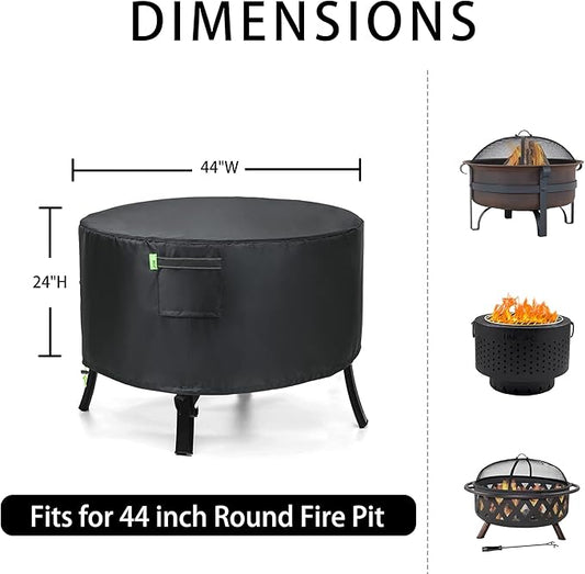 REDRICH Fire Pit Cover Round – Heavy Duty Outdoor Firepit Cover, Full Coverage Patio Outdoor Fireplace Cover, Dustproof Anti UV and Waterproof, 44’’L x 44’’W x 24’’H Black