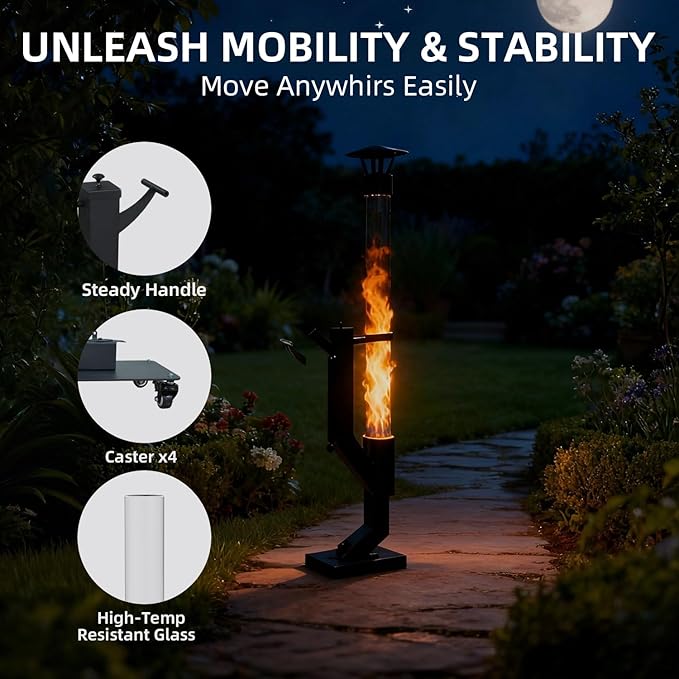 Eco Flame Smokeless Wood Pellet Fire Pit & Patio Heater, Portable Outdoor Rocket Stove with Glass Tube and Ash Tray for Backyard, Camping, Beach, Garden - Stainless Steel Premium