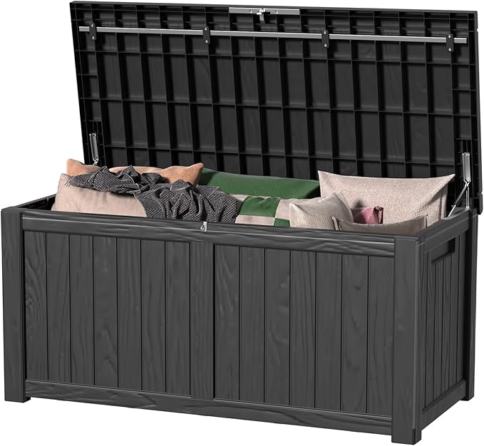 120 GallonOutdoor Storage Box,Resin Deck Boxes Waterproof, IndoorOutdoor Bin for Package Delivery, Patio Cushions, Gardening Tools, Lockable, UV Resistant
