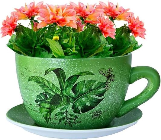 7.5" Ceramic Teacup Planter Pot with Saucer | Ideal for Succulents, Orchids, Herbs & Flowers | Indoor & Outdoor Use Green - Palm Leaves