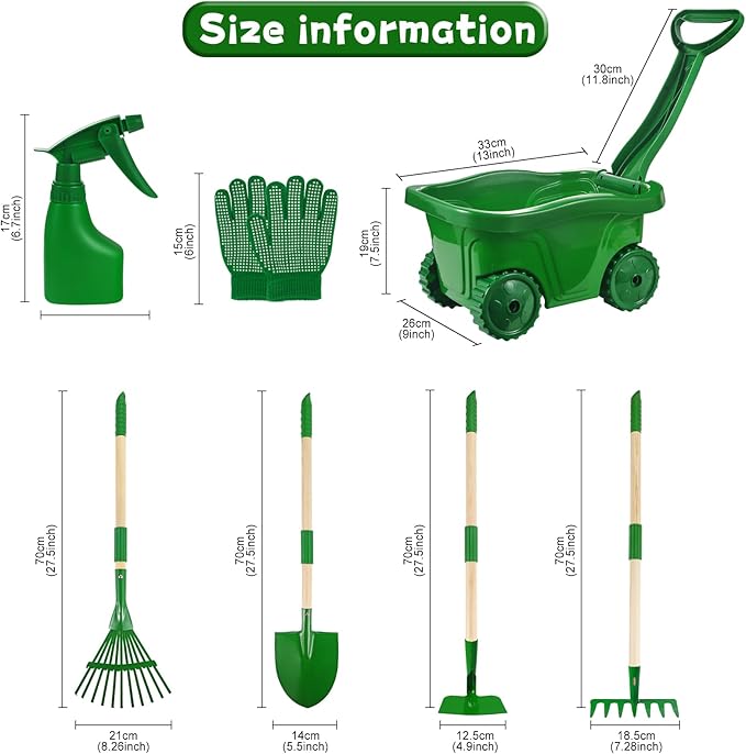 Duckura Kids Gardening Tools Set - 7pcs Wheelbarrow Set for Kids with Shovel, Rake, Leaf Rake, Summer Outdoor Yard Digging Weed Birthday Gifts Toys, Valentine's for Boys Girls Age 2 3+ Years(Green)
