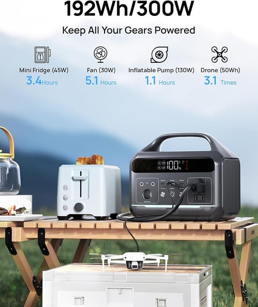 DaranEner Portable Power Station 300W, 192Wh (60,000mAh) Large Power Bank with 110V AC Outlet, LiFePO4 Battery Backup, 2H Fast Charging, 8-Ports Mini Generator for Camping, Home Emergency, Travel