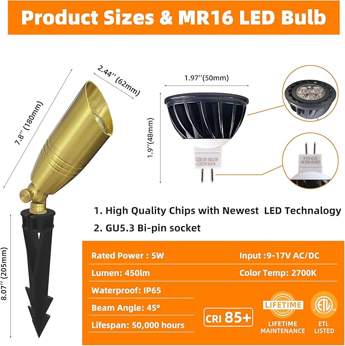 Brass Outdoor Spotlights,12V Low Voltage Landscape Lighting with MR16 LED Bulb,Waterproof Landscape Spot Lights for Yard,Garden,Lawn,Tree (10-Pack with Bulb)