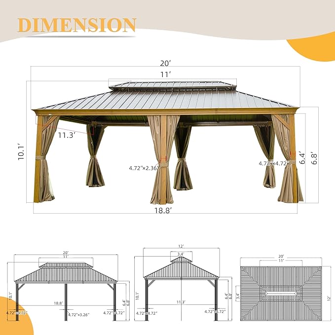 12’ x 20’ Hardtop Gazebo Outdoor Aluminum Wood Grain Gazebos with Galvanized Steel Double Canopy for Patios Deck Backyard,Curtains&Netting by domi outdoor living