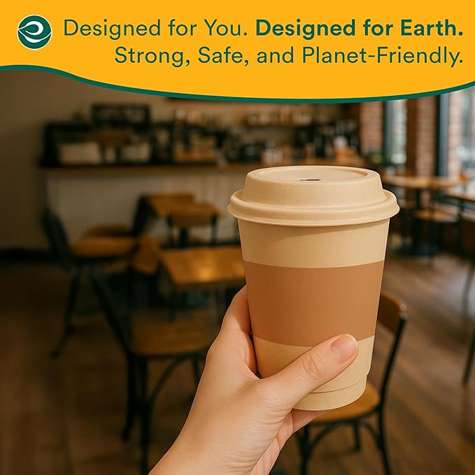 ECO SOUL 100% Compostable Coffee Cups With Lids & Sleeves - To Go Coffee Disposable Bagasse Cups |Sturdy & Eco-Friendly Cups for Cafes, Party, Office (50, 12 Oz)