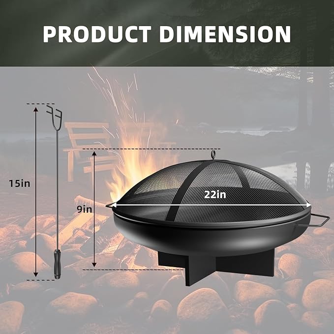 24 Inch Fire Pit for Outside Outdoor Wood Burning Firepit Bowl Heavy Duty Steel Bonfire Pit for Patio Backyard Camping Deck with Spark Screen, Log Grate & Poker