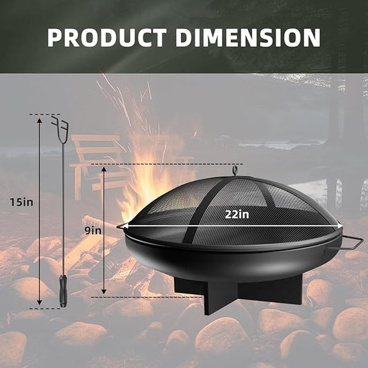 24 Inch Fire Pit for Outside Outdoor Wood Burning Firepit Bowl Heavy Duty Steel Bonfire Pit for Patio Backyard Camping Deck with Spark Screen, Log Grate & Poker