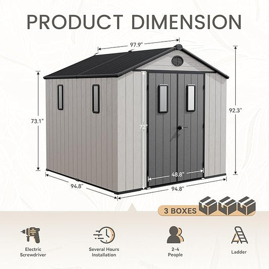 8 x 8 FT Plastic Outdoor Storage Shed with Floor,Garden Resin Shed with Window and Lockable Door, Outside Sheds for Bike, Garbage Can, Tool