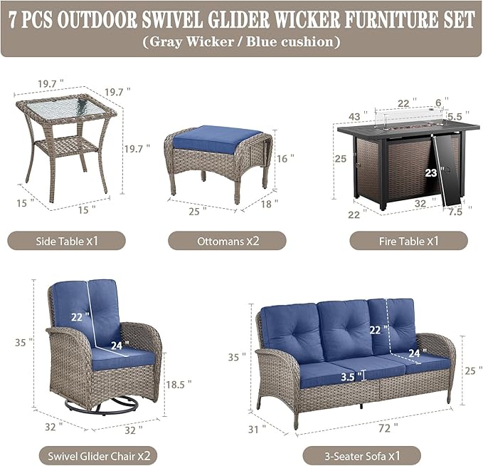 Belord 8 Piece Patio Furniture Set with 50000 BTU Propane Fire Pit Table, Outdoor Conversation Set with 2 Swivel Rocker Chairs Wicker Sofa and Ottomans for Casual Gatherings Gray