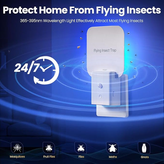 Fly Trap Indoor, 2 in 1 Plug in Fruit Fly Traps for Indoors with Auto Night Light Gnat Traps for House Indoor Flying Insect Trap for Fruit Flies Moths Mosquito (1 Device + 5 Glue Cards)