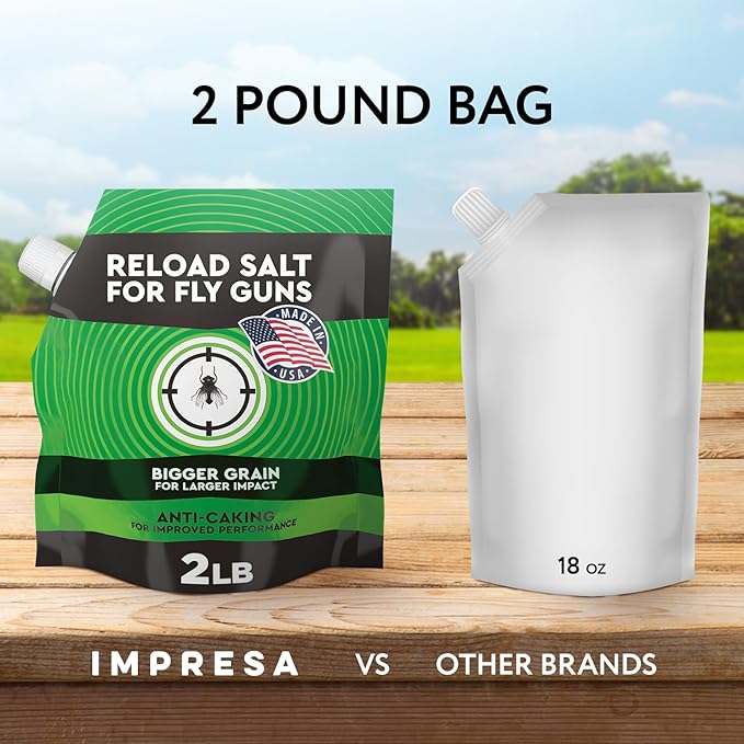 Impresa 2 lb Fly Shooter Refill Salt Compatible with Bug A Salt 3.0 Large-Grain Non-Caking Crystals for Fly Gun Reloads - Classic White Bag, Easy-Pour Spout for Bug Shooter Reloads
