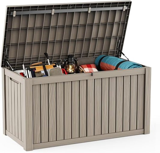 DRATO 150 Gallon Outdoor Storage Box, Large Waterproof Deck Box, Lockable Resin Storage Container with Reinforced Support for Patio Cushions, Garden Tools, UV-Resistant Outdoor Chest（Black）