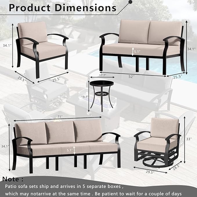 Aluminum Outdoor Furniture Set with Fire Pit Table, 7-Seat Patio Conversation Set Including Swivel Rocker Chairs & Sectional Sofas, All-Weather Metal Frame for Deck, Porch, Backyard,Sand