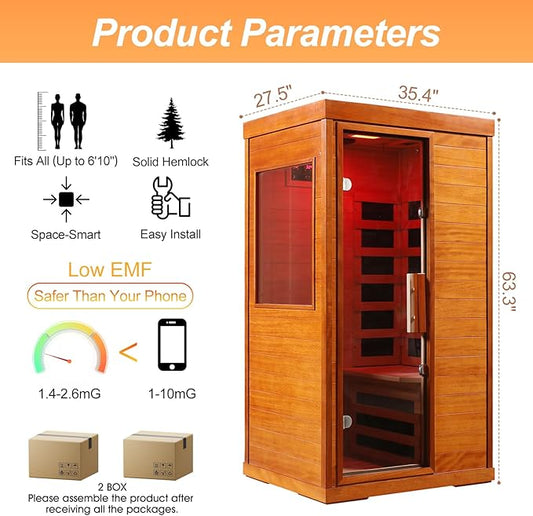 Low EMF Infrared Sauna 1120W 110V, Far Infrared Sauna with Red Light Therapy, 1 Person Carbon Fiber Dry Heat Saunas Canadian Hemlock W/Bluetooth Speakers/Control Panel for Home Gym/Bathroom
