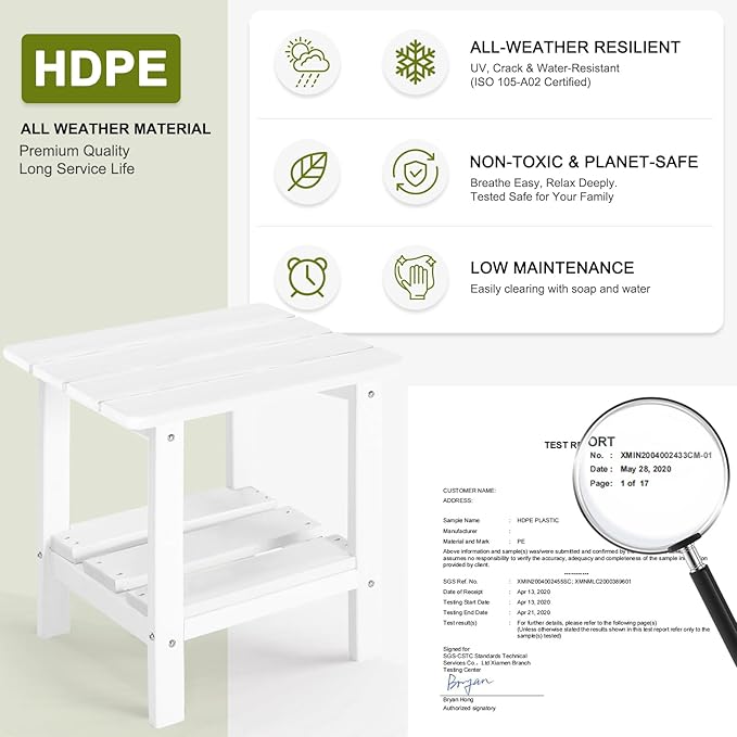Set 2 Adirondack Outdoor Side Table, 2-Tier Small Patio End Table, Weather Resistant HDPE Outdoor End Tables for Garden, Lawn, Pool, Beach, Porch, Deck, Backyard - Square, White