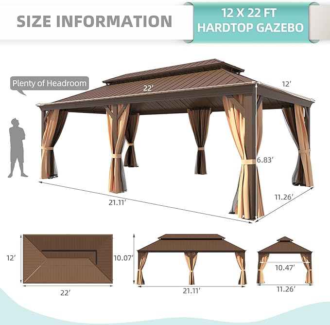 MELLCOM 12'x22' Hardtop Gazebo, Galvanized Steel Double Roof Canopy with Aluminum Frame, Permanent Metal Pavilion Gazebos with Netting and Curtains for Patio Backyard Deck and Lawns