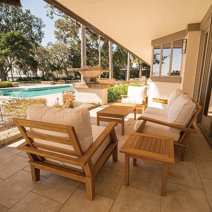 Royal Teak Collection Miami Deep Seating 6-Piece Teak Patio Conversation Set with Seating, Rectangular Coffee Table & Square Side Tables (P113SPA), Spa Heavy Duty Outdoor Cushions