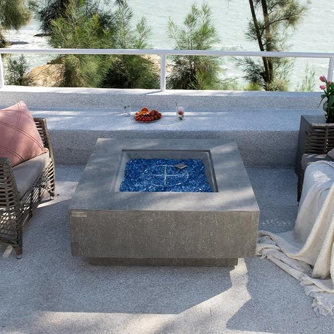 Victoria Concrete Fire Pit 40" x 40" Outdoor Patio Firepit Includes Fire Glass Modern Fire Pits & Outdoor Fireplaces for Garden, Deck, Indoor & Outdoor Heating