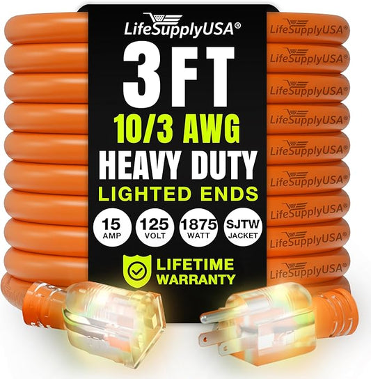 3ft Outdoor/Indoor Extension Cord 10/3 Gauge Ultra Heavy Duty 3 Prong SJTW, Waterproof, Flexible Cold-Resistant Long Power Cord,15A 125V 1875W, Orange by LifeSupplyUSA